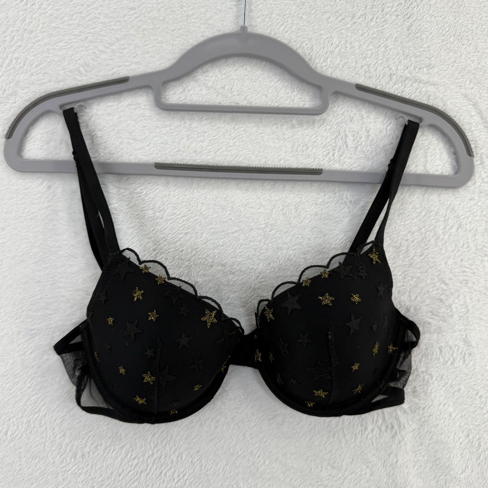 Victoria's Secret 34C Black Demi Bra Gold Star Lined Scalloped‎ Trim